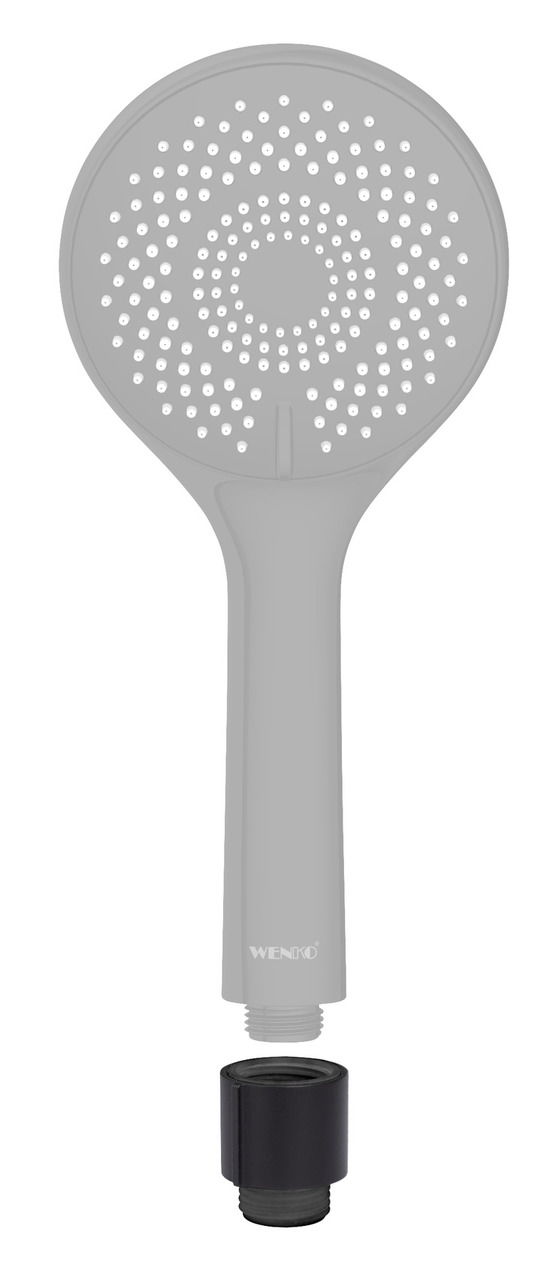 Wenko Water Saving Regulator Wassersparregler in Schwarz, abgebildet aus der Seitenperspektive mit einem Duschkopf im Hintergrund.