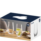 Verpackung eines 6er-Sets von 365ml Bechern der Marke Puccini, seitliche Perspektive mit Abbildung von gefüllten Gläsern.