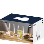 Verpackung eines 6er-Sets von 365ml Bechern der Marke Puccini, seitliche Perspektive mit Abbildung von gefüllten Gläsern.