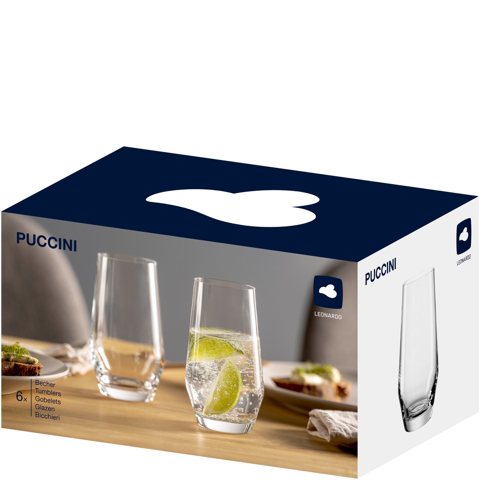 Verpakking van een set van zes glazen van 365 ml van het merk Puccini, zijaanzicht met afbeelding van gevulde glazen.