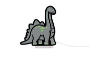 Graue Dinosaurier-Kinderlampe mit grünen Punkten und schwarzer Kontur auf weißem Sockel, Kabel rechts sichtbar, Produktansicht von vorne
