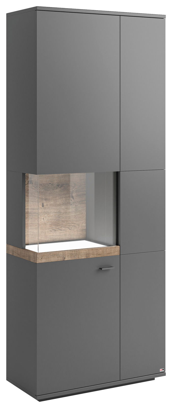 Graue Vitrine mit Glasausschnitt links, Holzdetails und moderner Optik, seitliche Perspektive