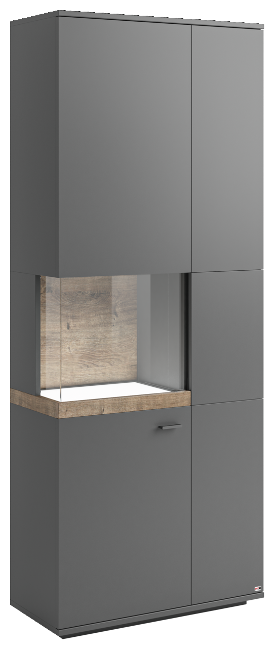 Set one by Musterring Vitrine Glasausschnitt links SET ONE LANCASTER Graue Vitrine mit Glasausschnitt links, Holzdetails und moderner Optik, seitliche Perspektive