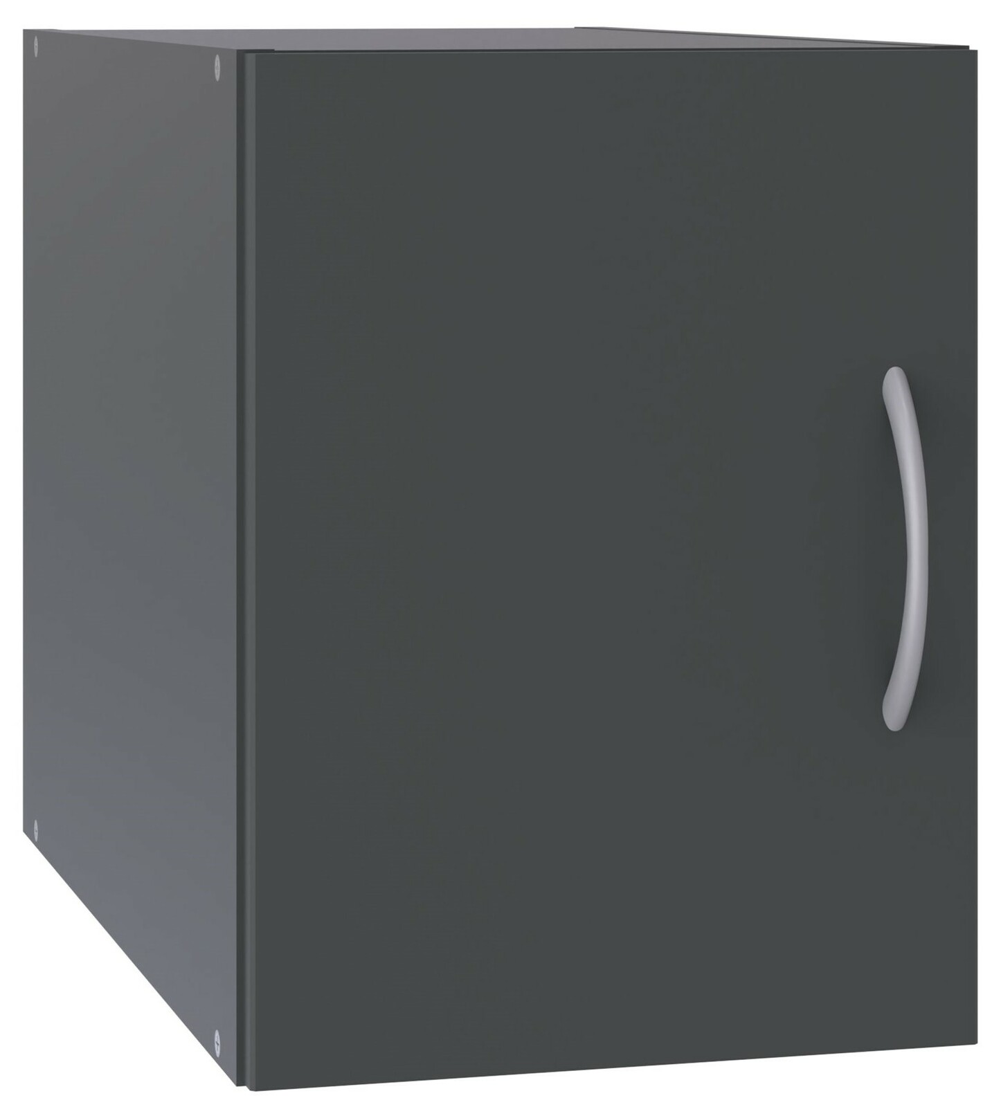 XORA Aufsatz T40 MULTIRAUMKONZEPT Dunkelgrauer Schrankaufsatz mit silbernem Griff, perspektivisch von vorne links betrachtet.