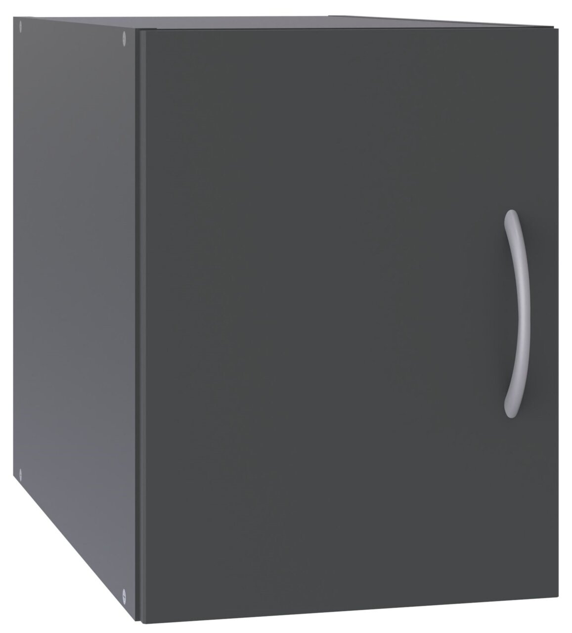 Dunkelgrauer Schrankaufsatz mit silbernem Griff, perspektivisch von vorne links betrachtet.