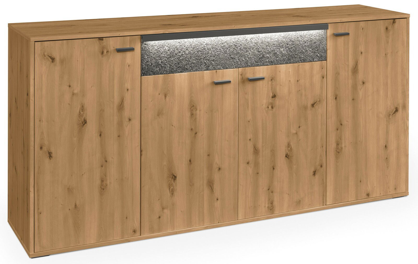 Holz-Sideboard mit vier Türen und einem dekorativen Stein-Element, frontale Ansicht