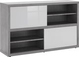 Modernes Sideboard mit grauer Holzoptik und weißen Hochglanzfronten, seitliche Perspektive