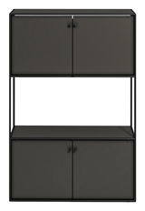 Frontale Ansicht eines modernen schwarzen Highboards mit zwei oberen und zwei unteren Türen, minimalistischem Design und offenem Regal in der Mitte.