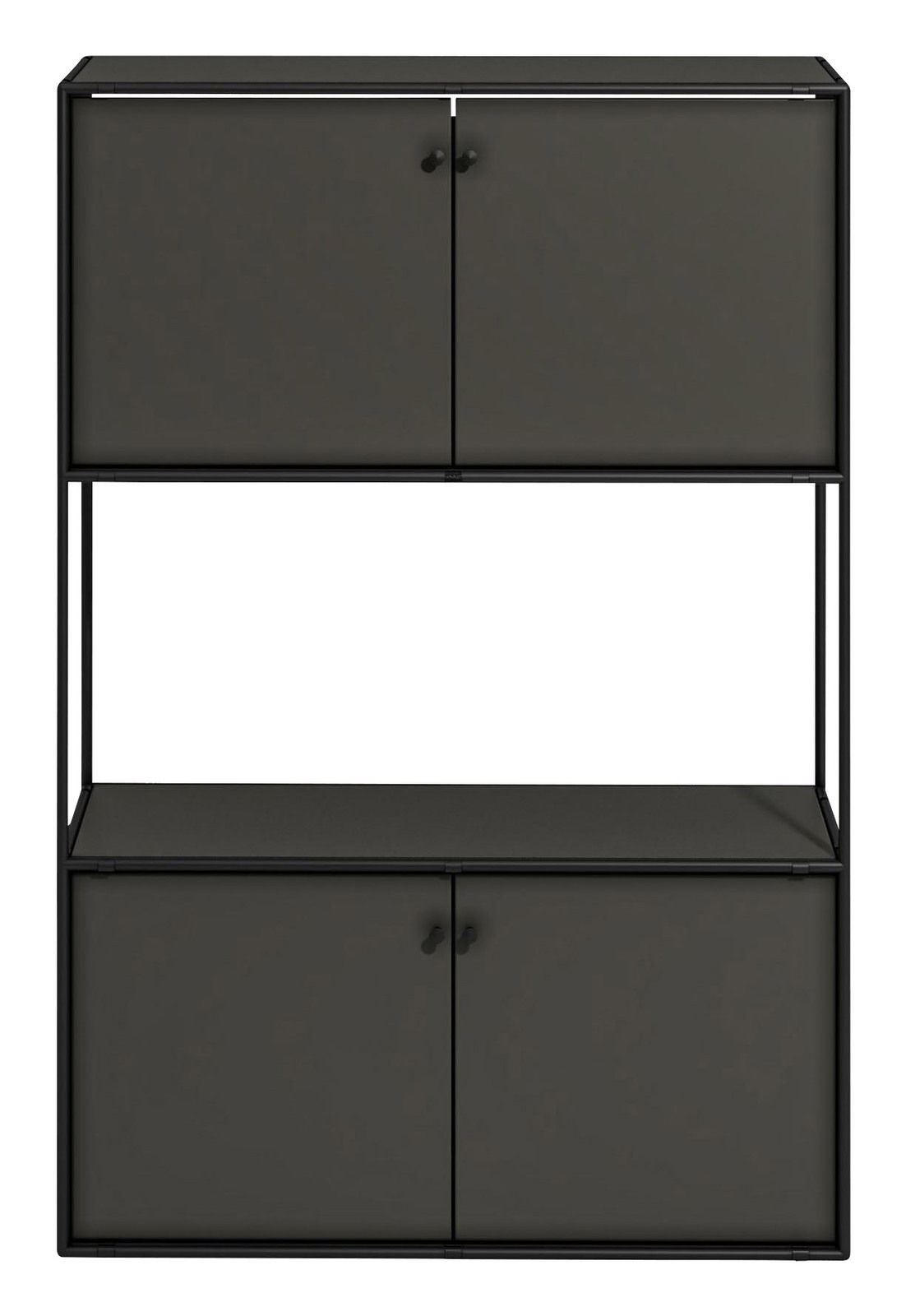 Frontale Ansicht eines modernen schwarzen Highboards mit zwei oberen und zwei unteren Türen, minimalistischem Design und offenem Regal in der Mitte.