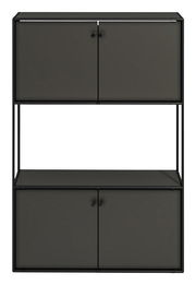 Frontale Ansicht eines modernen schwarzen Highboards mit zwei oberen und zwei unteren Türen, minimalistischem Design und offenem Regal in der Mitte.