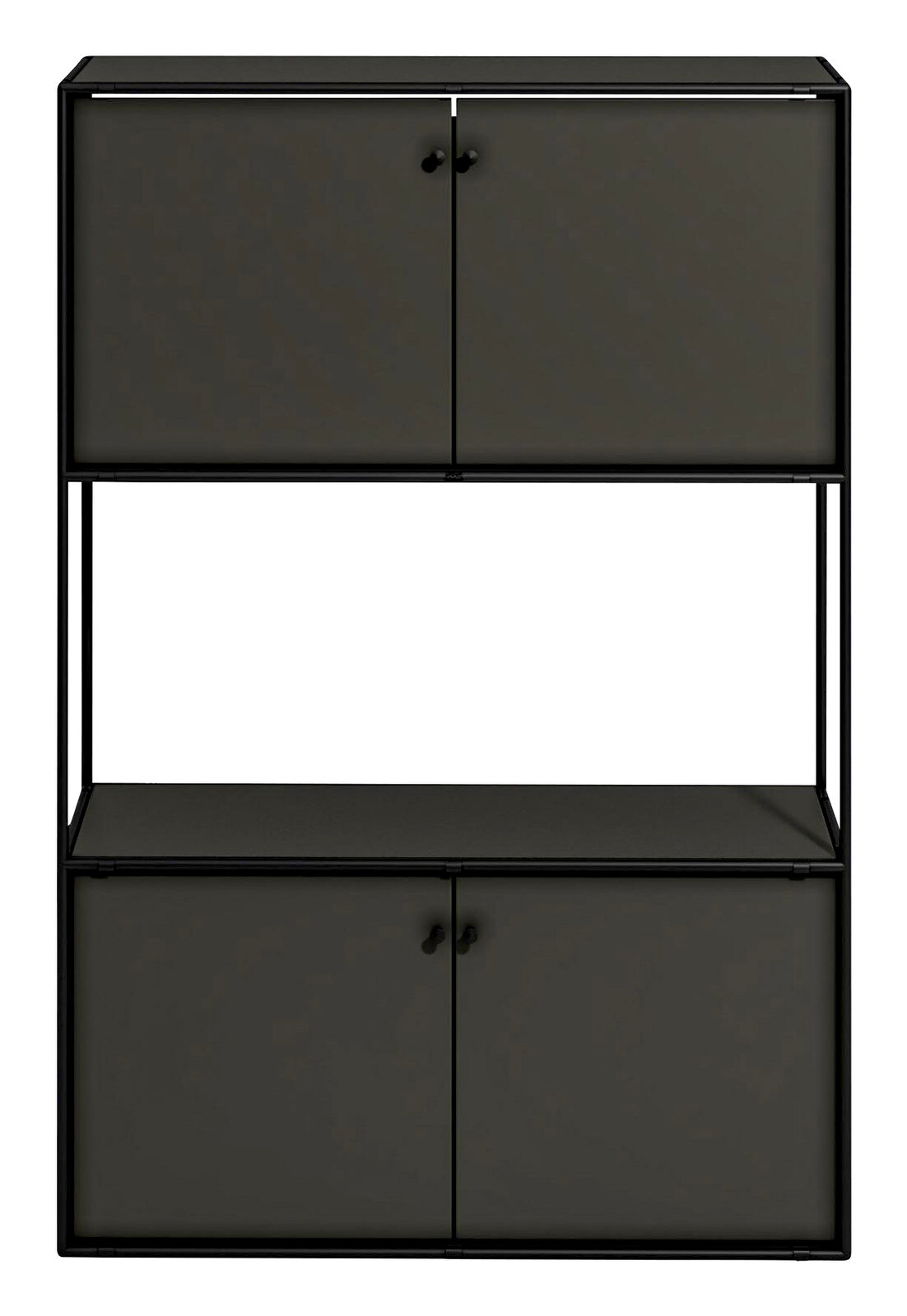 Frontale Ansicht eines modernen schwarzen Highboards mit zwei oberen und zwei unteren Türen, minimalistischem Design und offenem Regal in der Mitte.