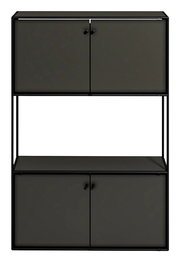 Frontale Ansicht eines modernen schwarzen Highboards mit zwei oberen und zwei unteren Türen, minimalistischem Design und offenem Regal in der Mitte.