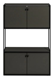 Frontale Ansicht eines modernen schwarzen Highboards mit zwei oberen und zwei unteren Türen, minimalistischem Design und offenem Regal in der Mitte.