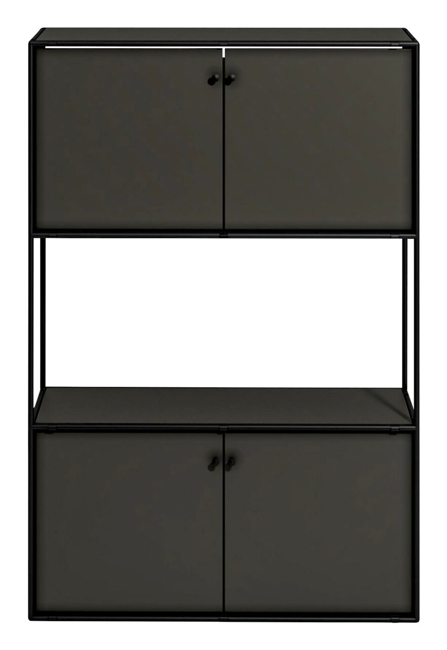 Frontale Ansicht eines modernen schwarzen Highboards mit zwei oberen und zwei unteren Türen, minimalistischem Design und offenem Regal in der Mitte.