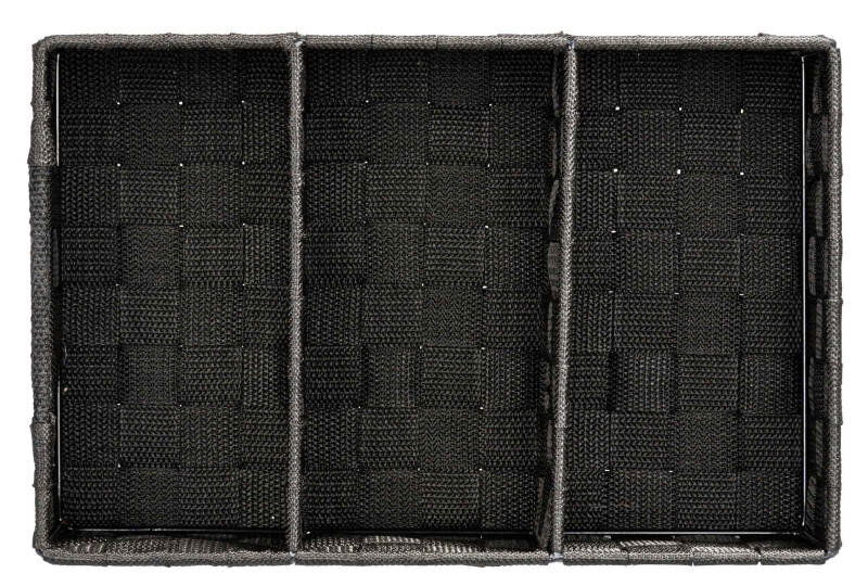 Draufsicht auf einen schwarzen Badorganizer Adria mit Griff, bestehend aus drei Fächern mit geflochtenem Design.