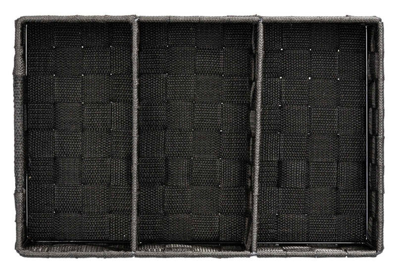 Draufsicht auf einen schwarzen Badorganizer Adria mit Griff, bestehend aus drei Fächern mit geflochtenem Design.