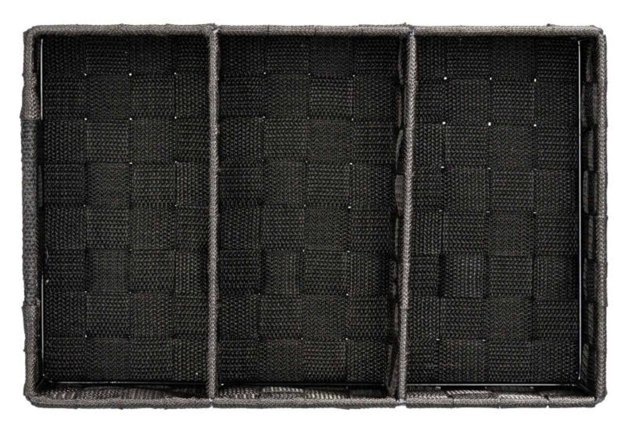 Draufsicht auf einen schwarzen Badorganizer Adria mit Griff, bestehend aus drei Fächern mit geflochtenem Design.
