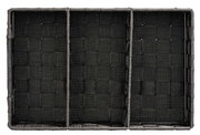Draufsicht auf einen schwarzen Badorganizer Adria mit Griff, bestehend aus drei Fächern mit geflochtenem Design.
