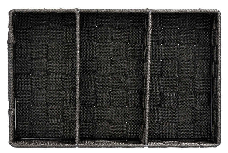Draufsicht auf einen schwarzen Badorganizer Adria mit Griff, bestehend aus drei Fächern mit geflochtenem Design.