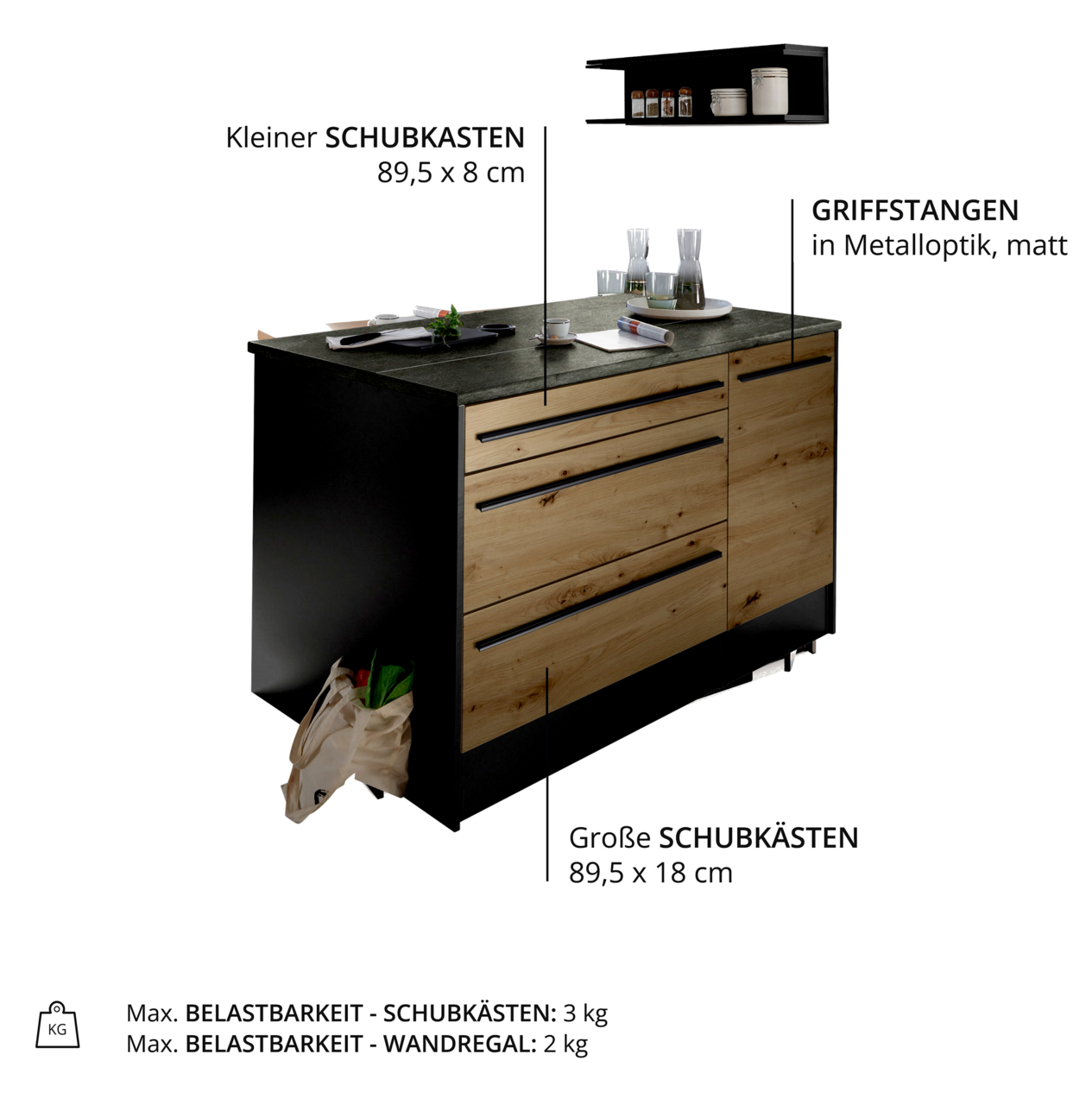 Kücheninsel mit Holzfronten und schwarzen Griffstangen, seitliche Perspektive
