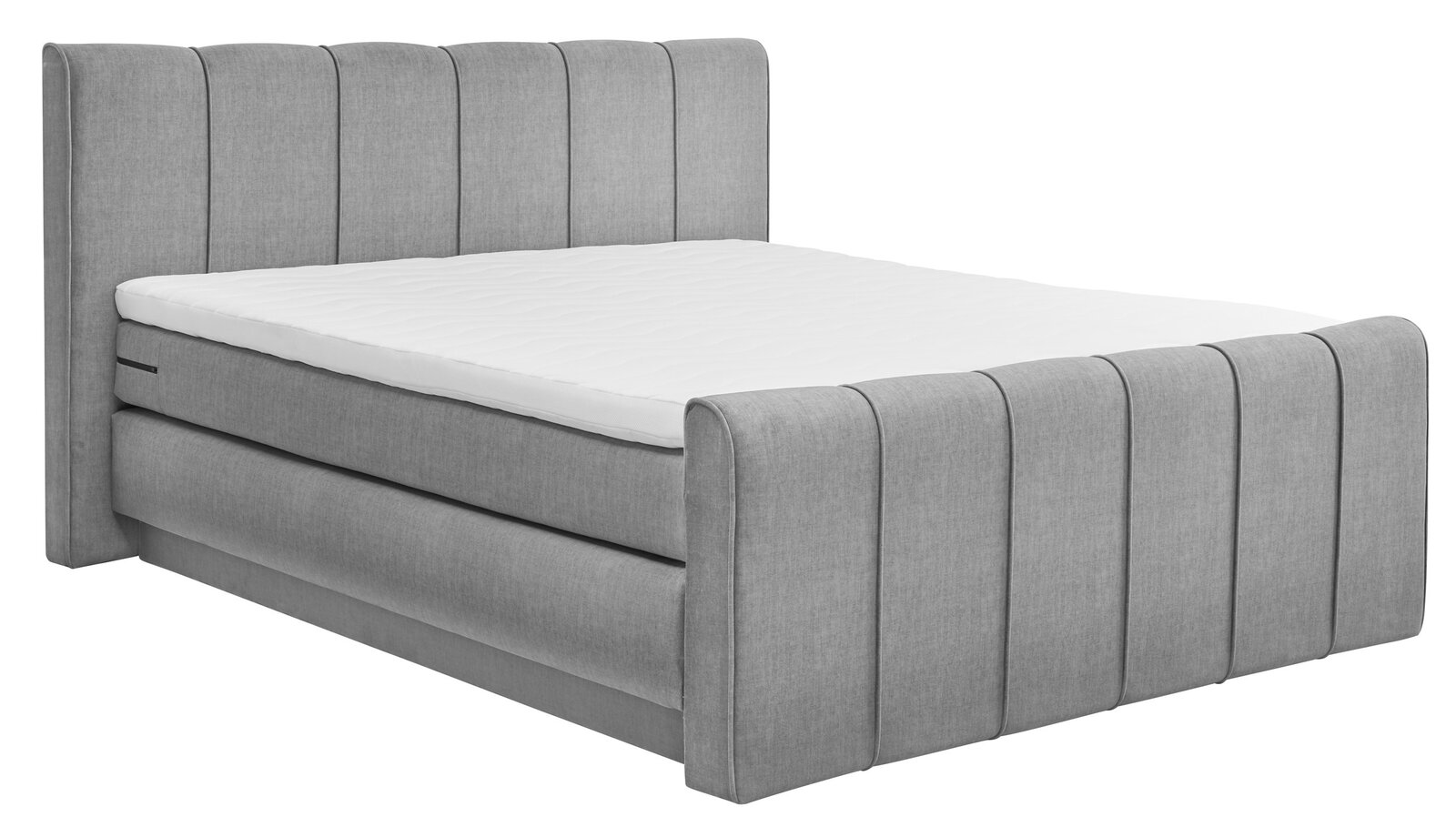 Graues Boxspringbett mit gestepptem Kopfteil, seitliche Perspektive