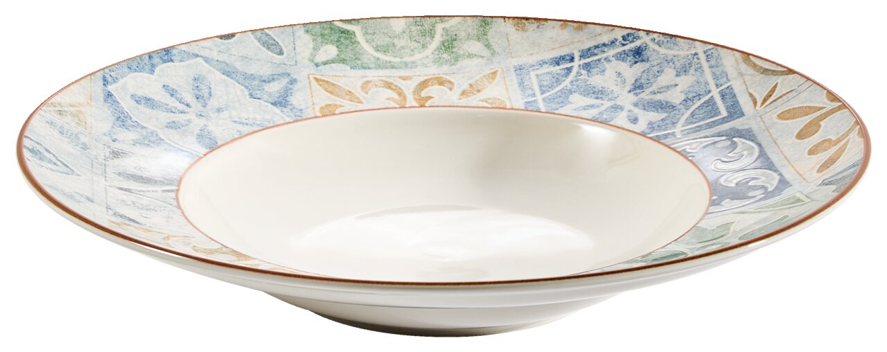 Pastateller mit buntem Randmuster, seitliche Perspektive