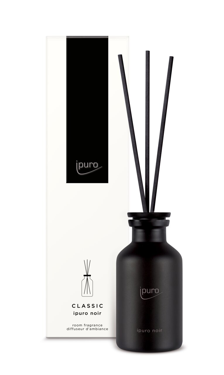 ipuro CLASSIC Raumduft noir Schwarzer Raumduft-Diffuser mit Stäbchen und Verpackung, Frontalansicht