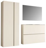 Garderobenset in Cremefarbe mit einem hohen Schrank, einem rechteckigen Spiegel und einer Kommode, seitliche Perspektive