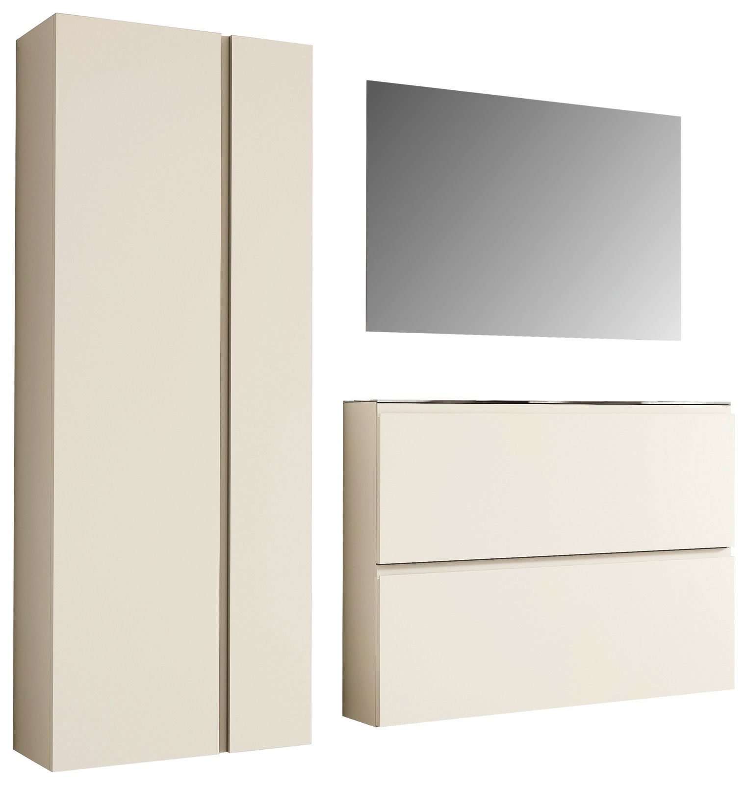 Moderano Garderoben-Set LECCO Garderobenset in Cremefarbe mit einem hohen Schrank, einem rechteckigen Spiegel und einer Kommode, seitliche Perspektive
