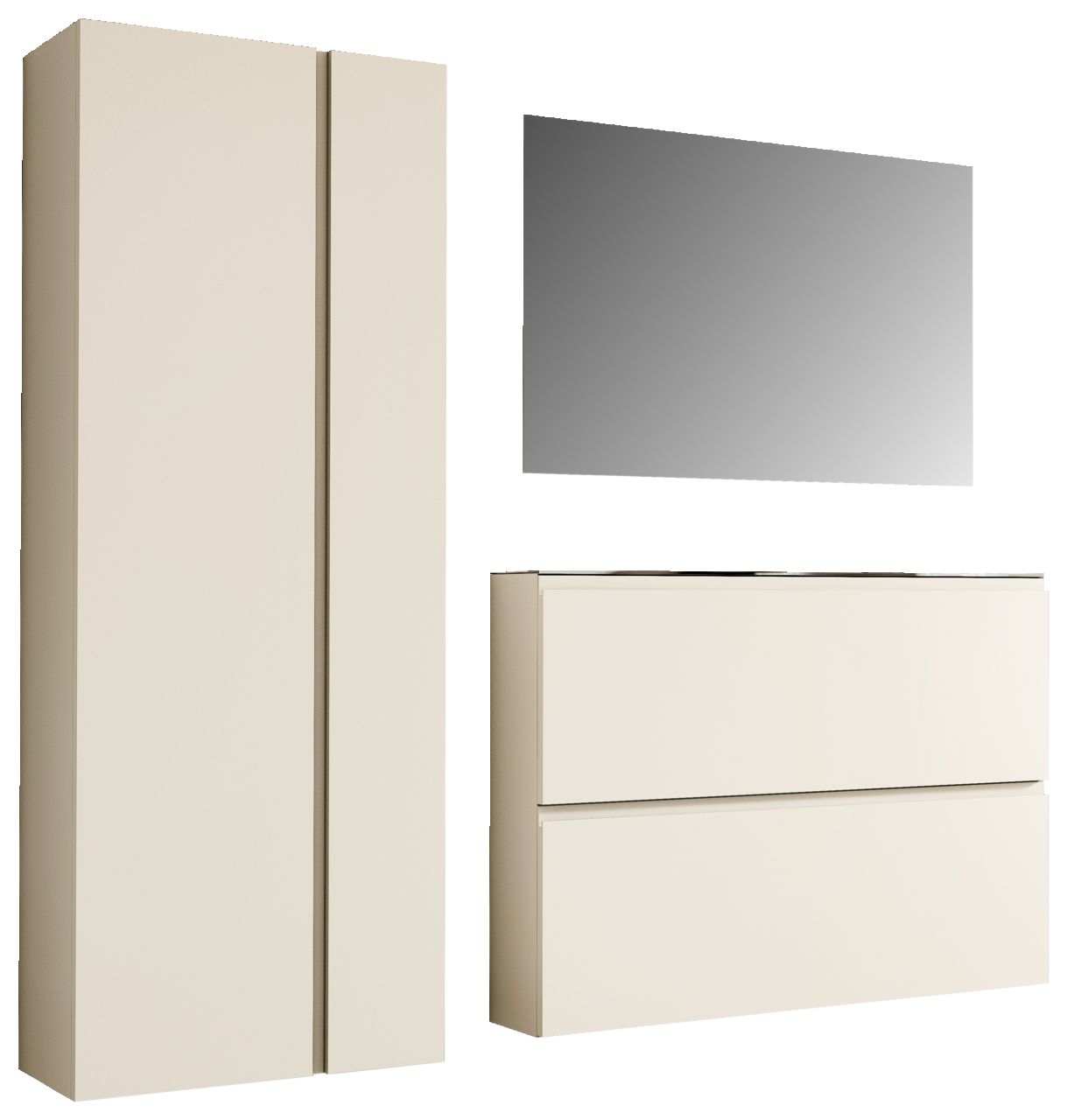Moderano Garderoben-Set LECCO Garderobenset in Cremefarbe mit einem hohen Schrank, einem rechteckigen Spiegel und einer Kommode, seitliche Perspektive