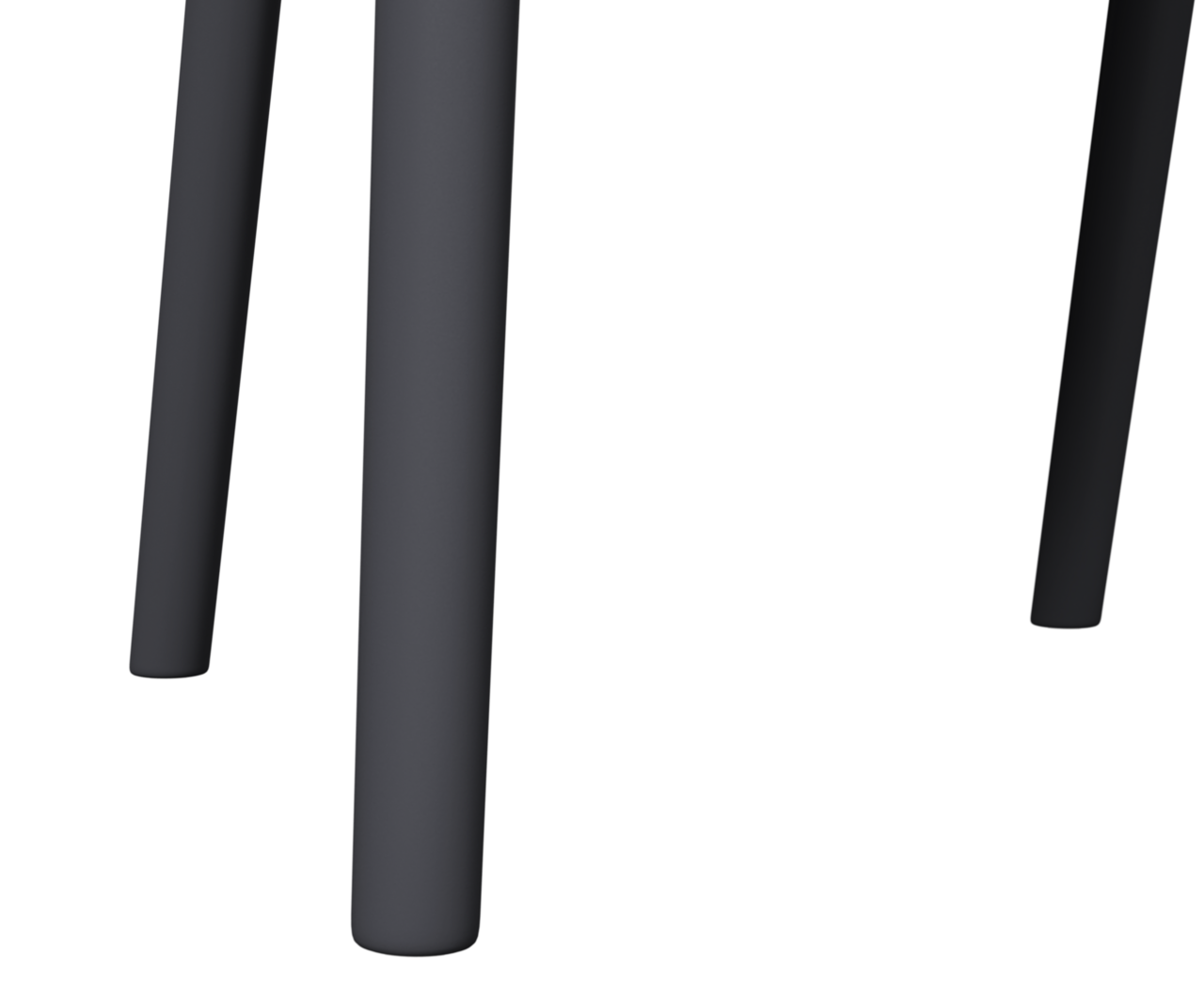 Nahaufnahme der Beine eines schwarzen Stapelsessels aus Metall, von unten betrachtet.