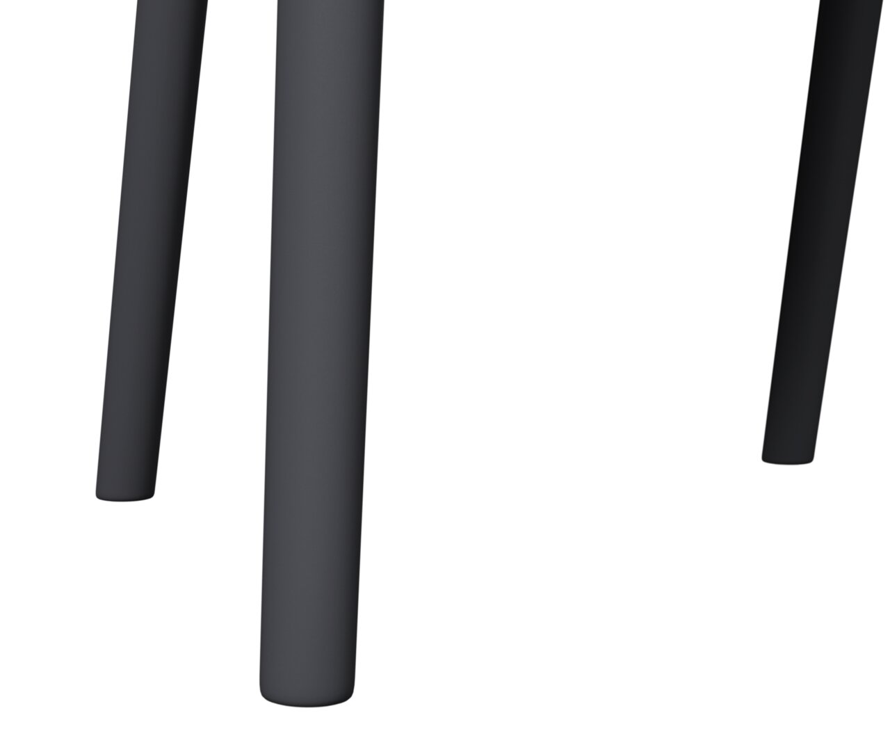 Nahaufnahme der Beine eines schwarzen Stapelsessels aus Metall, von unten betrachtet.