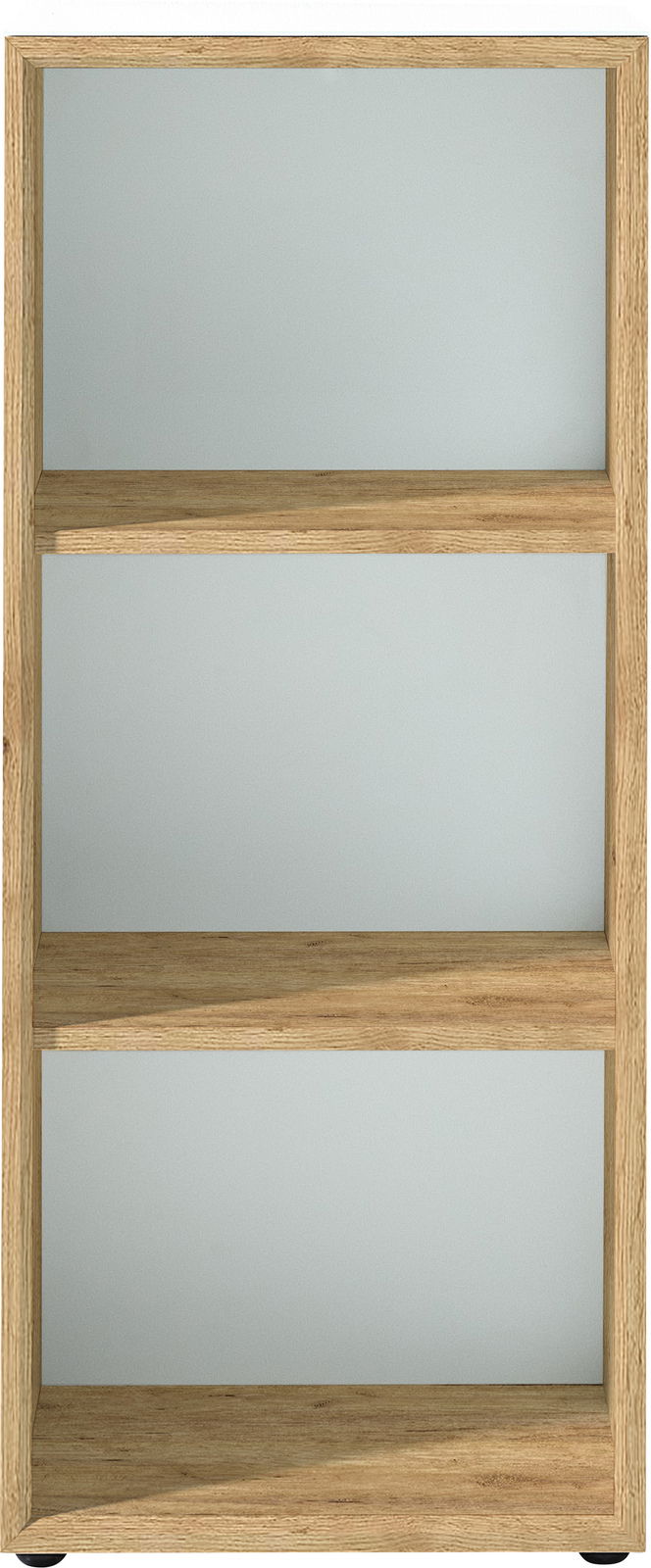 Frontale Ansicht eines niedrigen Aktenregals der Serie MONTERIA von XORA mit drei Regalböden in Holzoptik.