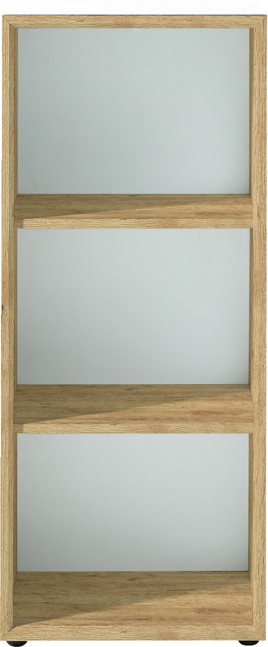 Frontale Ansicht eines niedrigen Aktenregals der Serie MONTERIA von XORA mit drei Regalböden in Holzoptik.