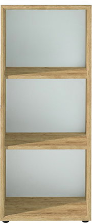 Frontale Ansicht eines niedrigen Aktenregals der Serie MONTERIA von XORA mit drei Regalböden in Holzoptik.