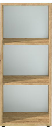 Frontale Ansicht eines niedrigen Aktenregals der Serie MONTERIA von XORA mit drei Regalböden in Holzoptik.