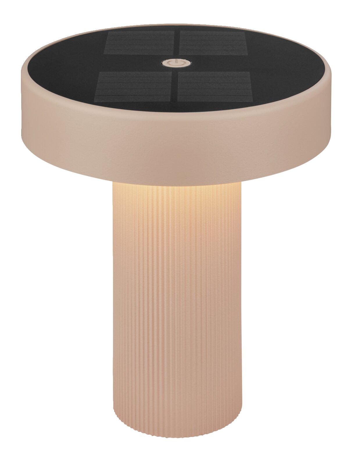 Solarbetriebene LED-Gartenleuchte mit schwarzem Solarpanel und beigem, geriffeltem Standfuß, Produktansicht schräg von oben (Top-Front-Perspektive) vor weißem Hintergrund