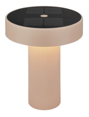 Solarbetriebene LED-Gartenleuchte mit schwarzem Solarpanel und beigem, geriffeltem Standfuß, Produktansicht schräg von oben (Top-Front-Perspektive) vor weißem Hintergrund