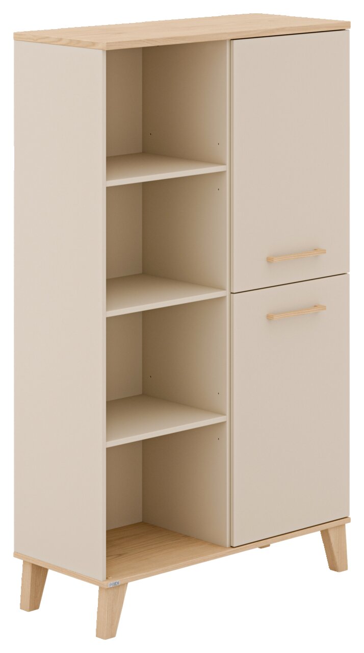 Standregal mit offenen Regalfächern und zwei Türen, aus hellem Holz, seitliche Perspektive