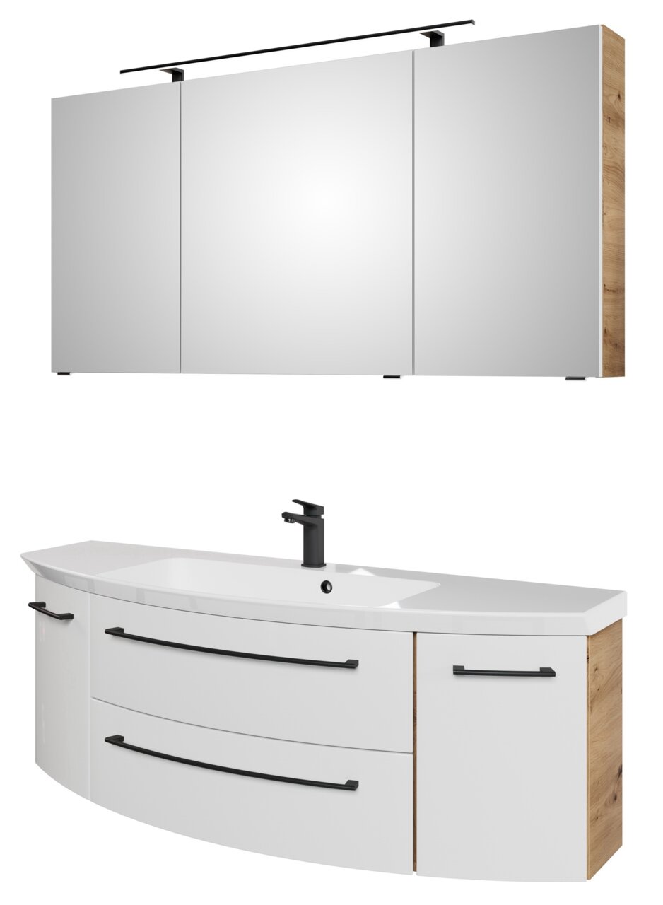 Sadena Badkombination 3-tlg. PLAKA Moderne Badkombination mit dreiteiligem Spiegelschrank und Waschbeckenunterschrank in Holzoptik, seitliche Perspektive
