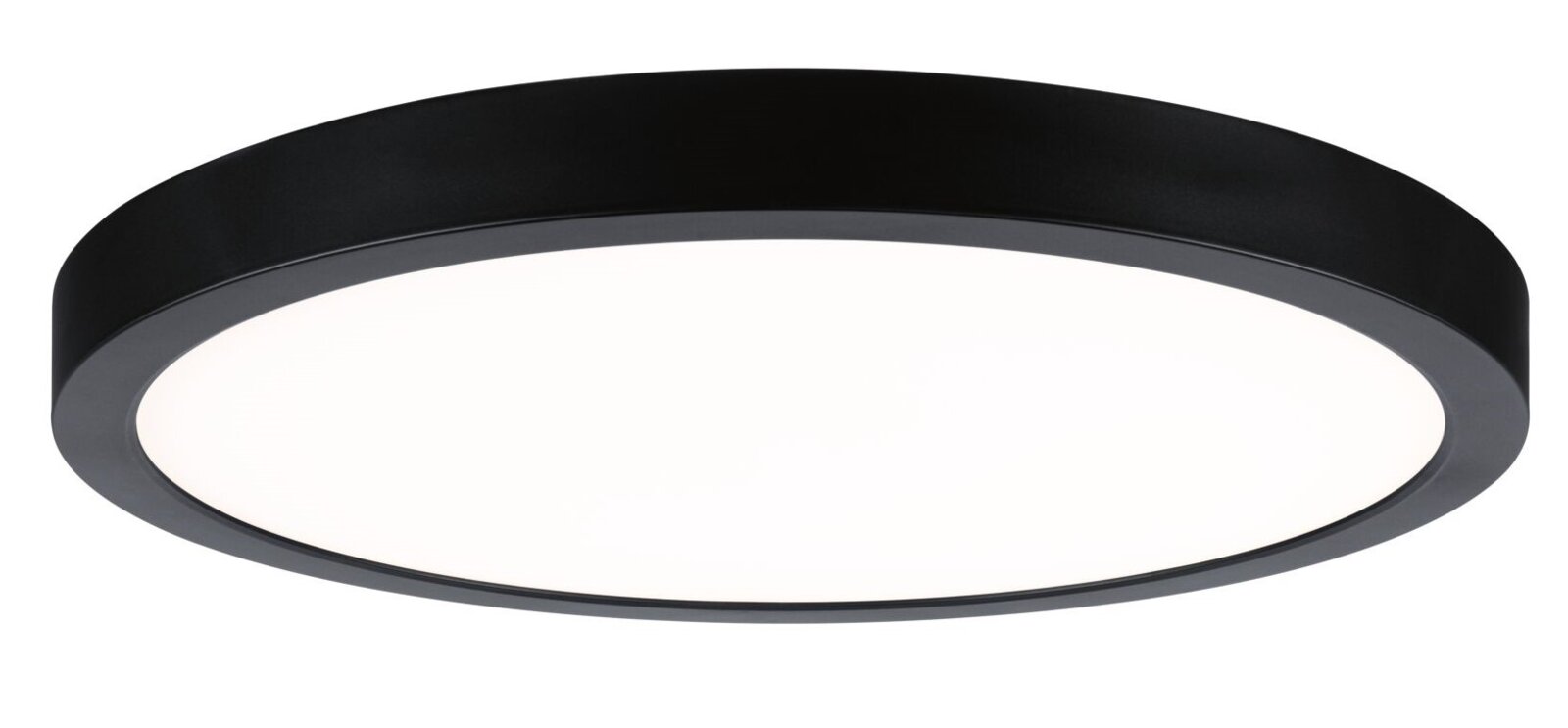 Runde, flache LED-Deckenleuchte in Schwarz mit großem weißem Diffusor, leicht von unten in Perspektive aufgenommen