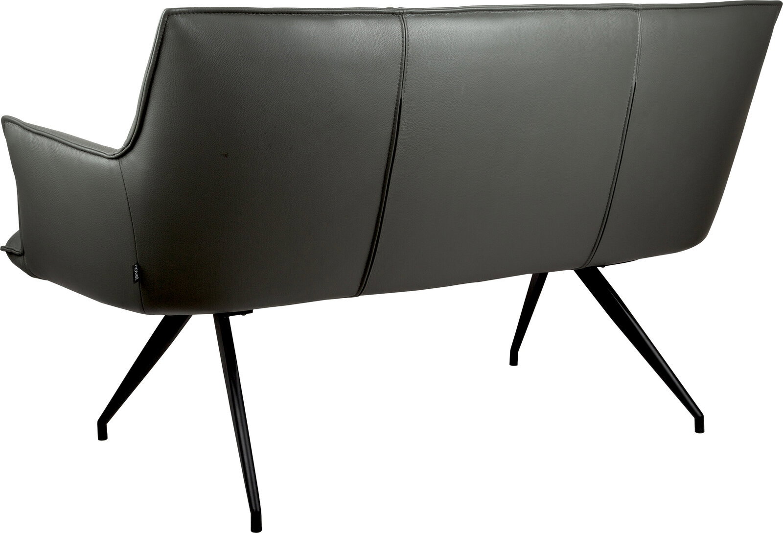 Rückansicht eines modernen 2-Sitzer-Sofas in Dunkelgrau mit glatter Polsterung und schwarzen Metallbeinen, freigestellt auf weißem Hintergrund