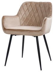 Beiger Armlehnstuhl mit gestepptem Rücken und schwarzen Metallbeinen, seitliche Perspektive