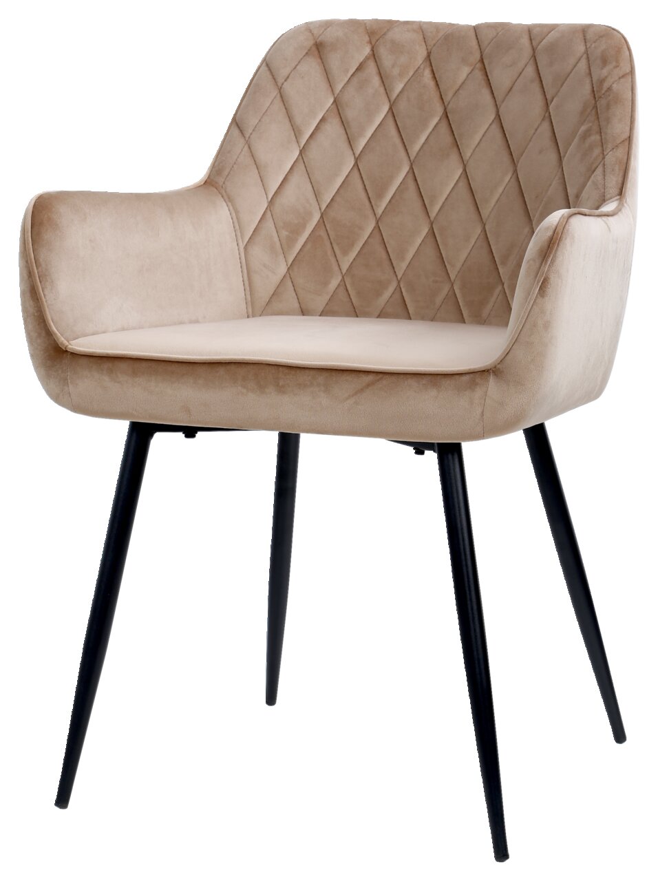 Beiger Armlehnstuhl mit gestepptem Rücken und schwarzen Metallbeinen, seitliche Perspektive