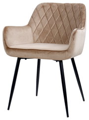 Beiger Armlehnstuhl mit gestepptem Rücken und schwarzen Metallbeinen, seitliche Perspektive