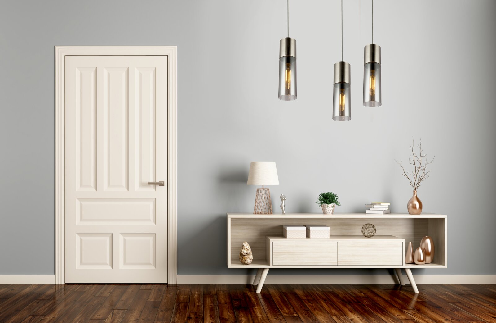 Moderne Hängeleuchte in einem stilvollen Wohnzimmer, Perspektive von vorne