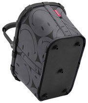 Grauer Einkaufskorb mit schwarzem Smiley-Muster, seitliche Perspektive