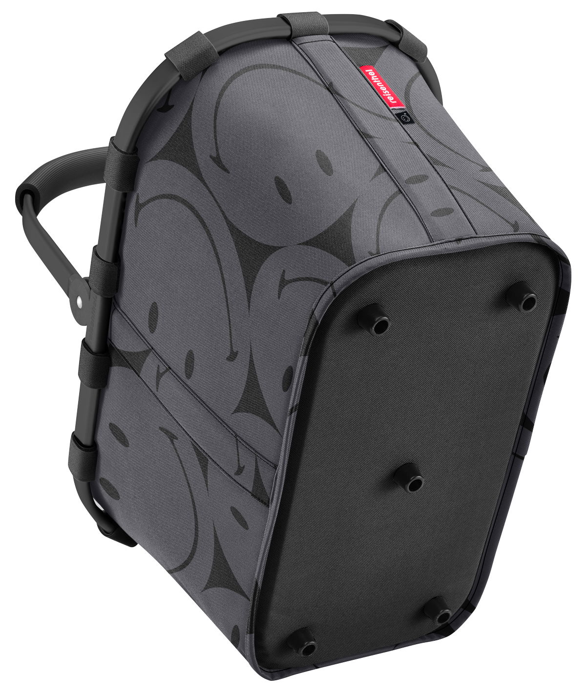 Grauer Einkaufskorb mit schwarzem Smiley-Muster, seitliche Perspektive