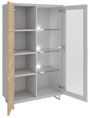 Vitrine halbhoch mit offenen Türen, linke Tür aus Holz, rechte Tür aus Glas, Innenansicht mit Glasböden und Beleuchtung, Perspektive von vorne.