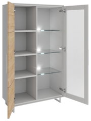 Vitrine halbhoch mit offenen Türen, linke Tür aus Holz, rechte Tür aus Glas, Innenansicht mit Glasböden und Beleuchtung, Perspektive von vorne.